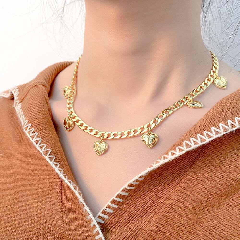 Engraved Capital Letter Heart Pendant With Cuban Chain Personalized Custom Gold Plated Name Necklace-silviax