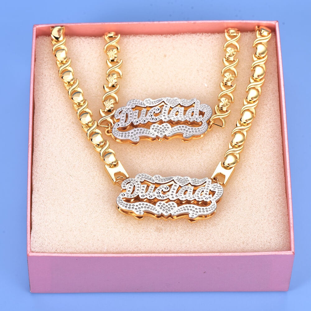 Double Layer Two Tone with XOXO Heart Chain Personalized Custom Gold Plated Name Necklace and Bracelet Set-silviax