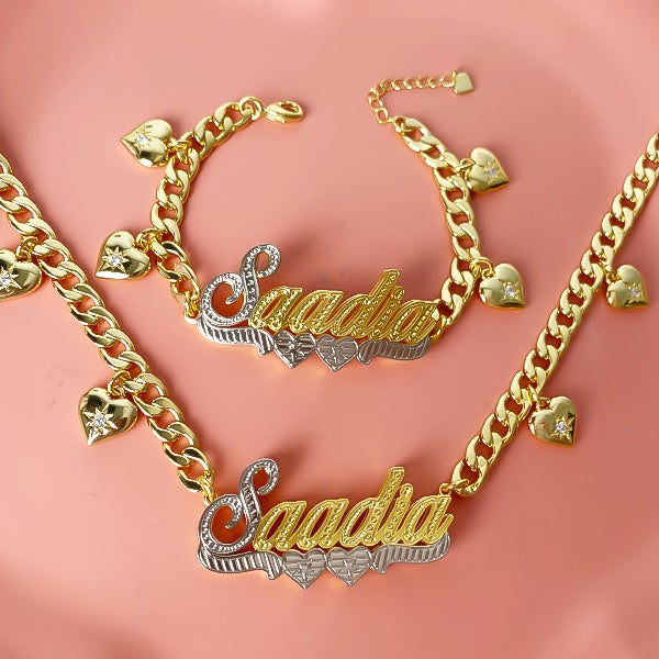 Double Layer Two Tone Two Hearts Nameplate Cuban Chain With Heart Personalized Custom Gold Plated Name Necklace And Bracelet Set-silviax