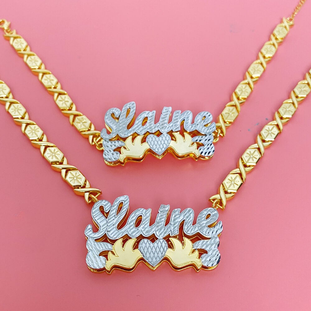 Double Layer Two Tone with Two Birds Gold Plated Personalized Custom XOXO Chain Name Necklace and Bracelet Set-silviax