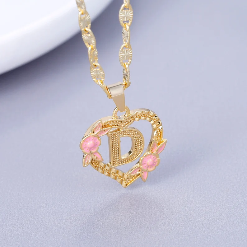 Heart Shaped Pink Enamel Flower Personalized Custom A-Z Initial Letter Necklace-silviax