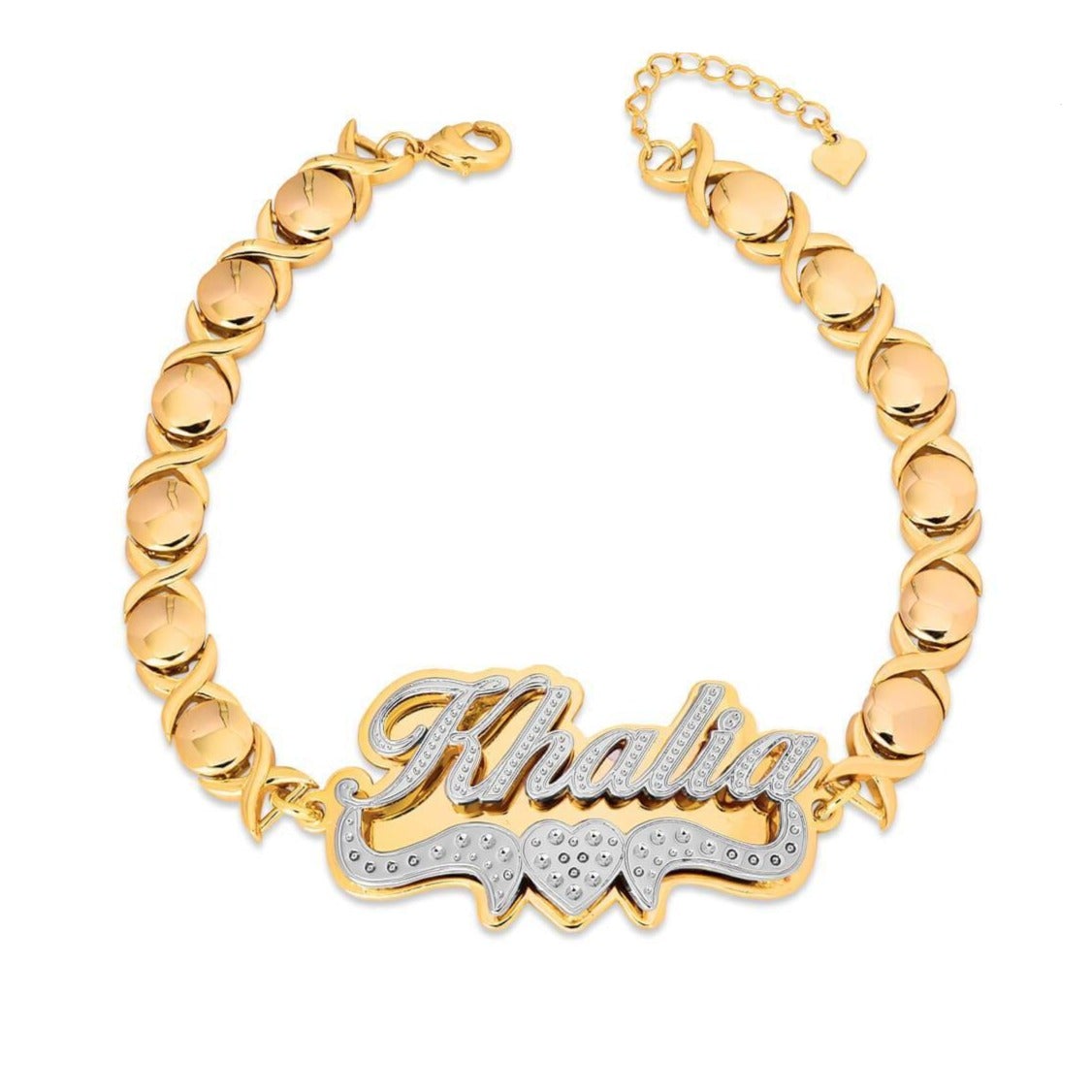 Double Plate Two Tone Heart Nameplate Personalized Custom Gold Plated Name Bracelet XOXO Chain-silviax