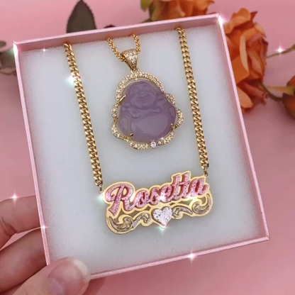 Pink Smile Maitreya Buddha Pendant and Name Necklace Personalized Jewelry Set