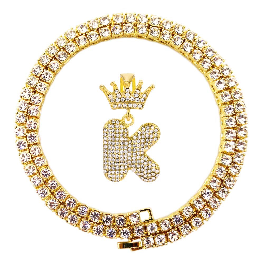 Tennis Chain Crown Letter Pendant Hip Hop Style Custom Initial Necklace Gold Plated-silviax