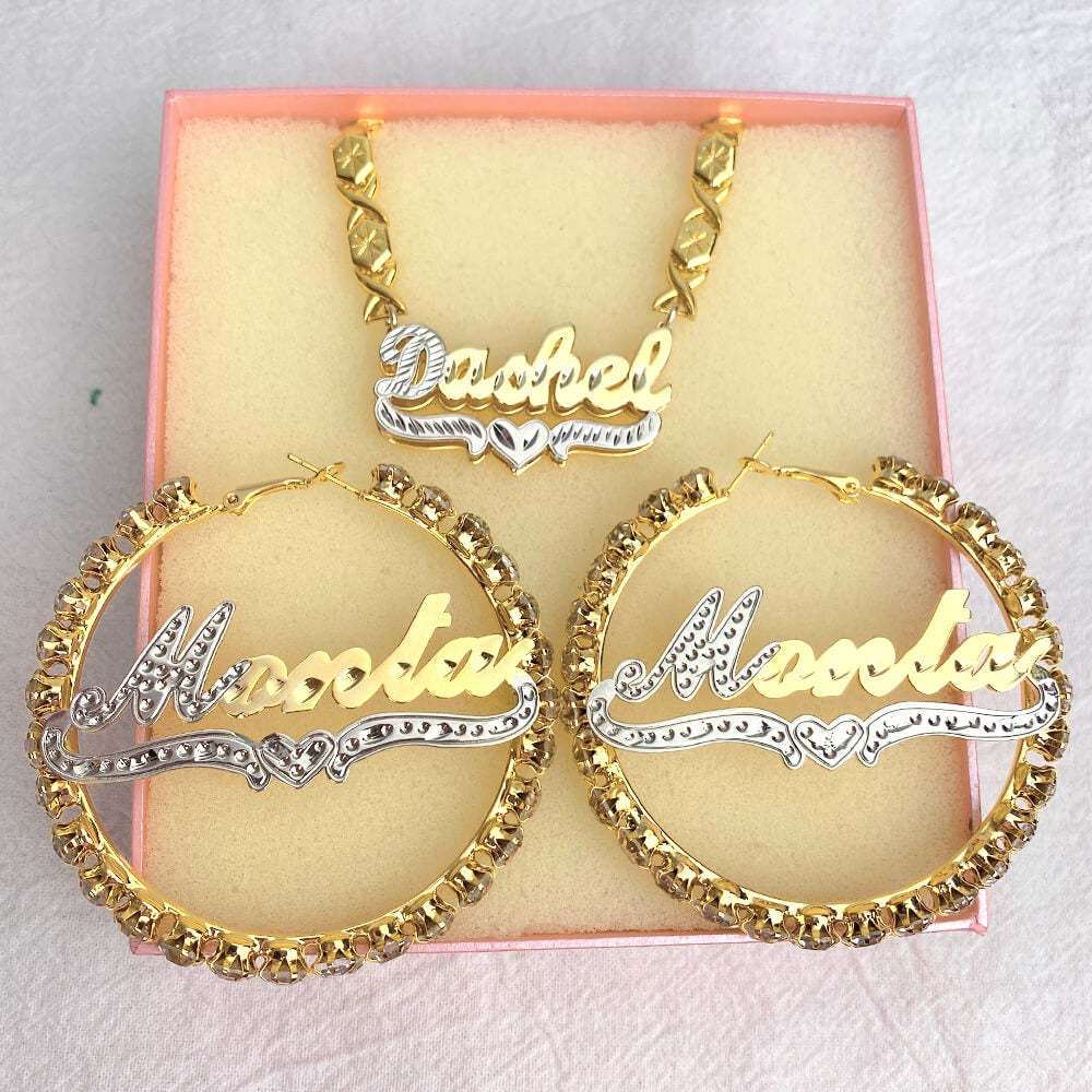 Double Layer Two Tone XOXO Chain Name Necklace And Two Tone Inlaid Zircon Hoop Name Earrings with Heart Set-silviax