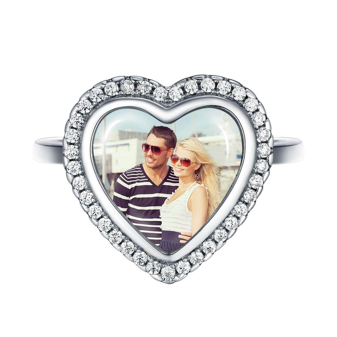 Heart white Gold Personalized Custom Open Photo Ring Inlay Cubic Zirconia-silviax