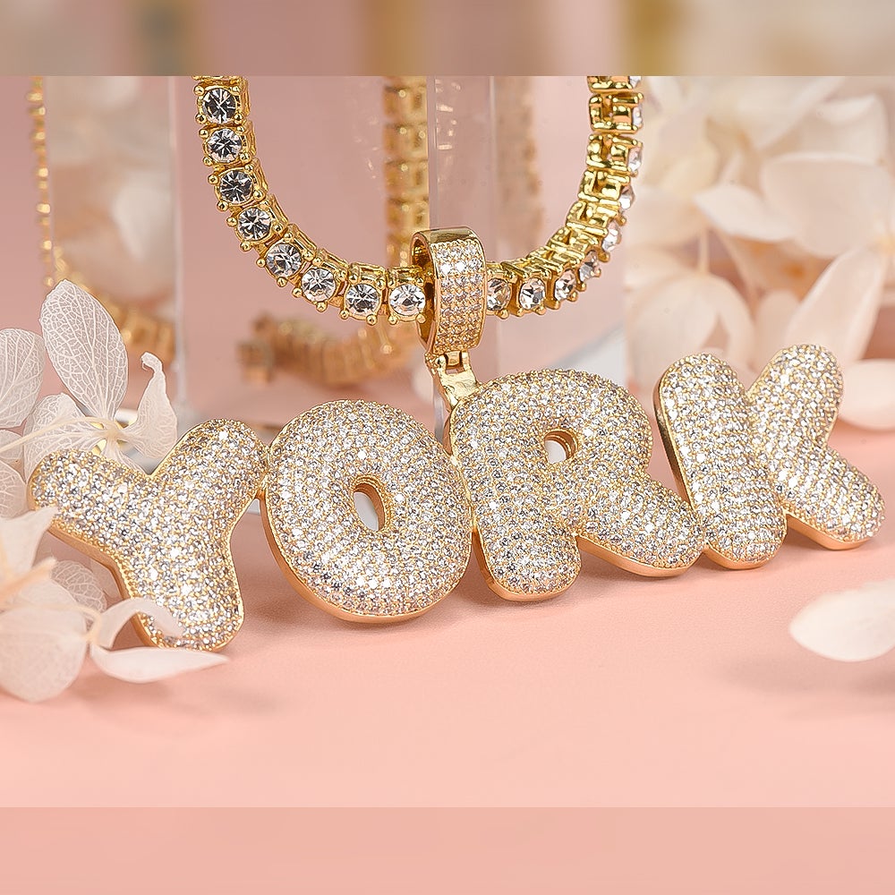 Tennis Chain Iced Out 2 to 6 Bubble Letter Custom Name Initial Necklace Gold Plated-silviax