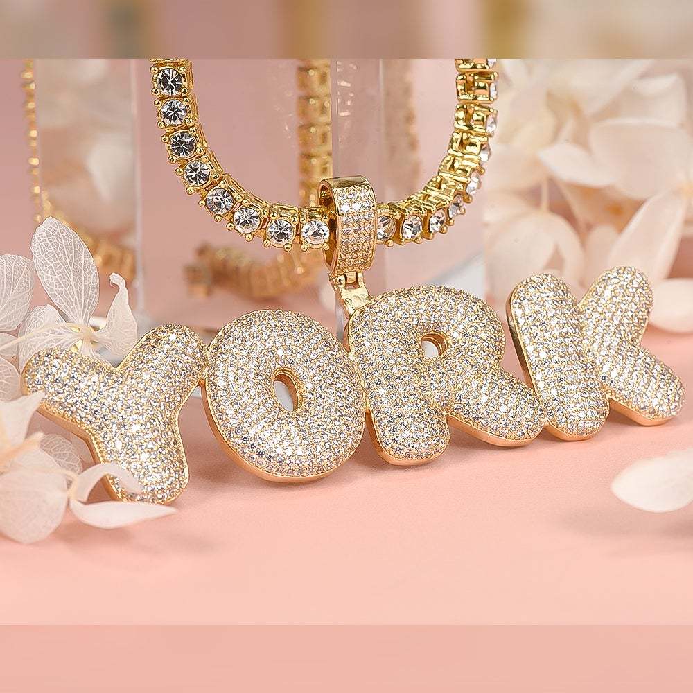 Tennis Chain Iced Out 2 to 6 Bubble Letter Custom Name Initial Necklace Gold Plated-silviax