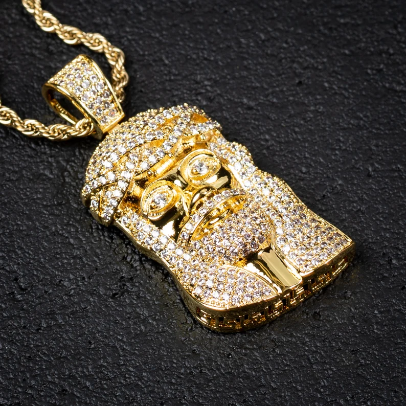 Rope Chain Iced Out Gold Plated Jesus Piece Hip Hop Pendant Necklace-silviax