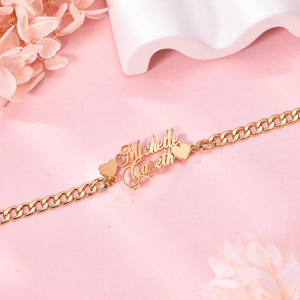 Cuban Chain Two Hearts Two Names Personalized Custom Gold Plated Love Name Bracelet Womem Gift-silviax