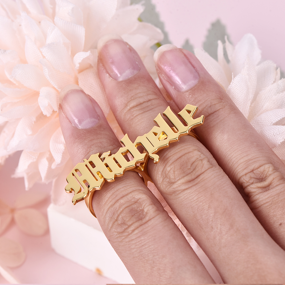 Persnalized Custom Gold Plated Double Finger Old English Font Name Ring-silviax