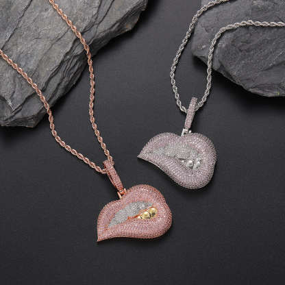Hip Hop Style Iced Out Zirconia Bling Lip Kiss Pendant Necklace-silviax