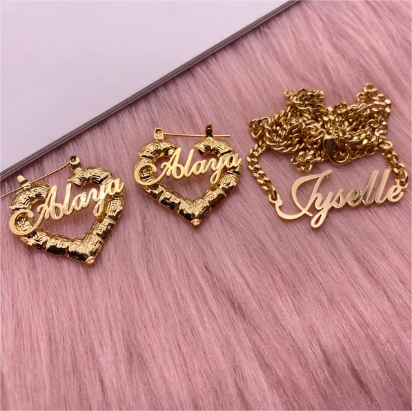 Personalized Name Necklace and Heart Shaped Name Bamboo Earrings Set-silviax