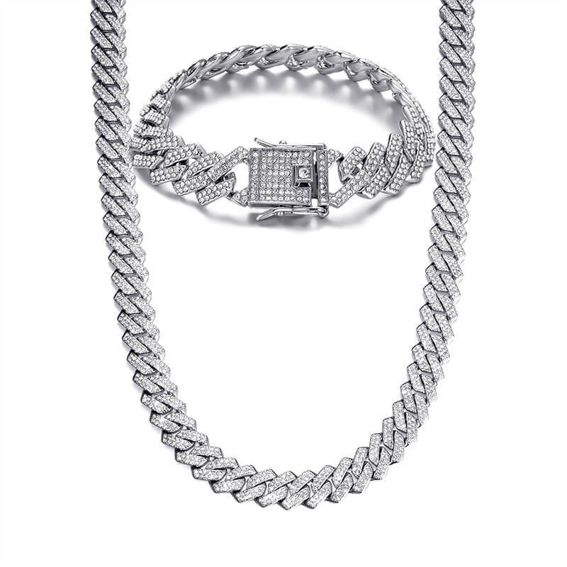 13.5mm Cuban Chain Bling Zircon Gold Plated Necklace and Bracelet Set-silviax