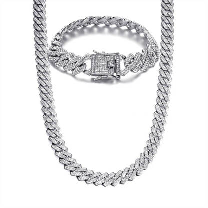 13.5mm Cuban Chain Bling Zircon Gold Plated  Necklace and Bracelet Set-silviax