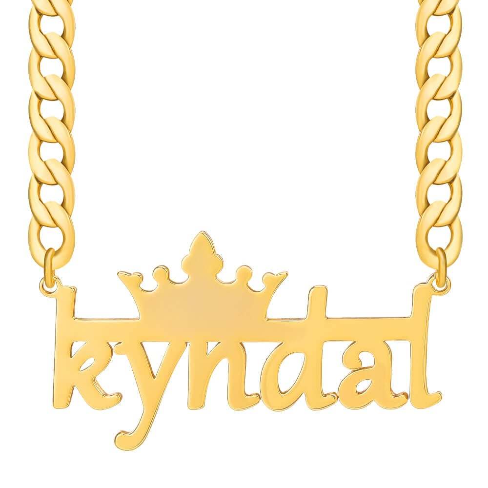 Crown And Horizontal Line With Cuban Chain Personalized Custom Gold Plated Name Necklace-silviax
