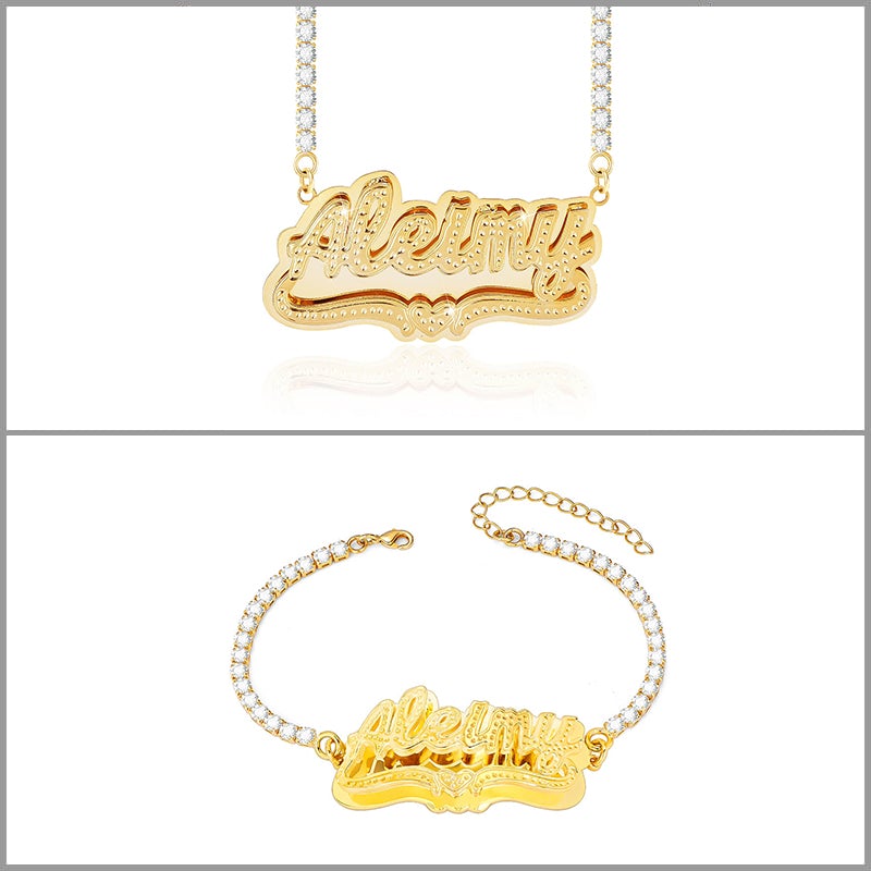 Double Plate with Tennis Chain nameplate Personalized Custom Gold Plated Name Necklace and Bracelet Set-silviax