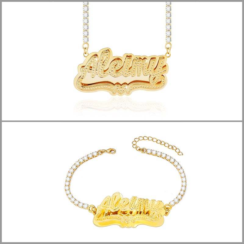 Double Plate with Tennis Chain nameplate Personalized Custom Gold Plated Name Necklace and Bracelet Set-silviax