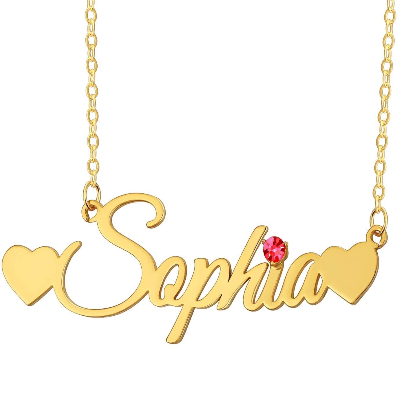 Gold Plated Personalized Double Heart Name with Birthstone Necklace-silviax
