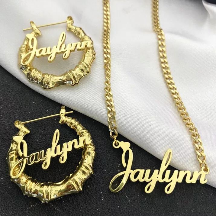 Personalized Custom Gold Plated Nameplate with Heart Jewelry Set Name Necklace and Hoop Earrings Christmas Gift