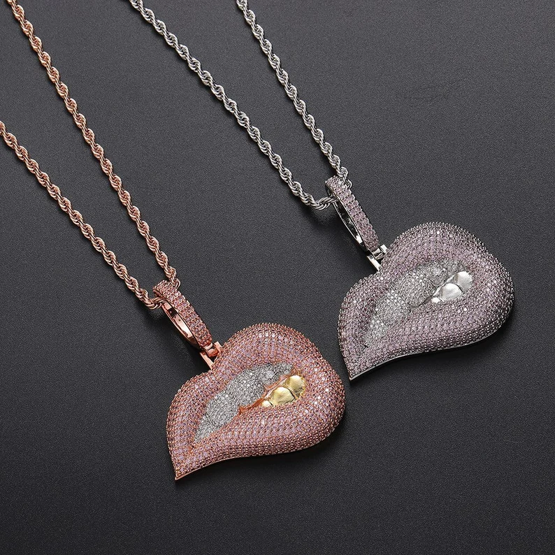 Hip Hop Style Iced Out Zirconia Bling Lip Kiss Pendant Necklace-silviax