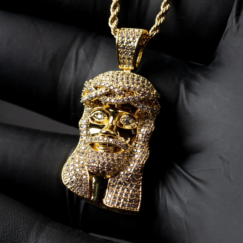 Rope Chain Iced Out Gold Plated Jesus Piece Hip Hop Pendant Necklace-silviax
