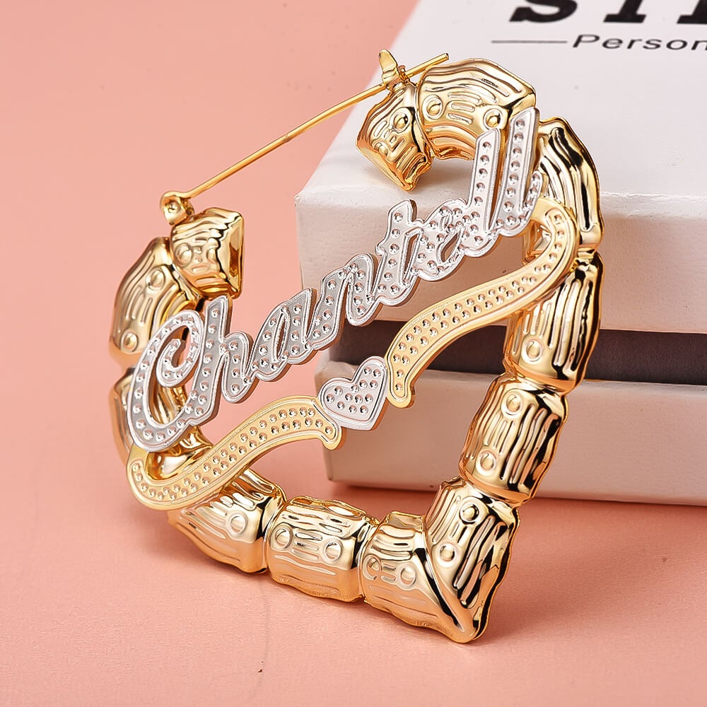 Two Tone Heart Personalized Custom Heart Shaped Bamboo Hoop Gold Plated Name Earrings-silviax