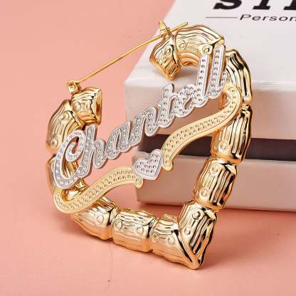 Two Tone Heart Personalized Custom Heart Shaped Bamboo Hoop Gold Plated Name Earrings-silviax