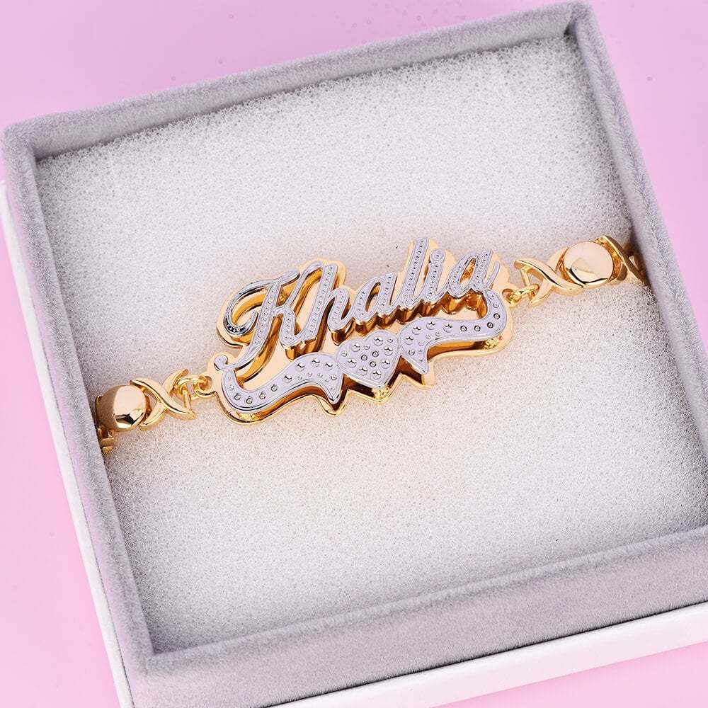 Double Plate Two Tone Heart Nameplate Personalized Custom Gold Plated Name Bracelet XOXO Chain-silviax