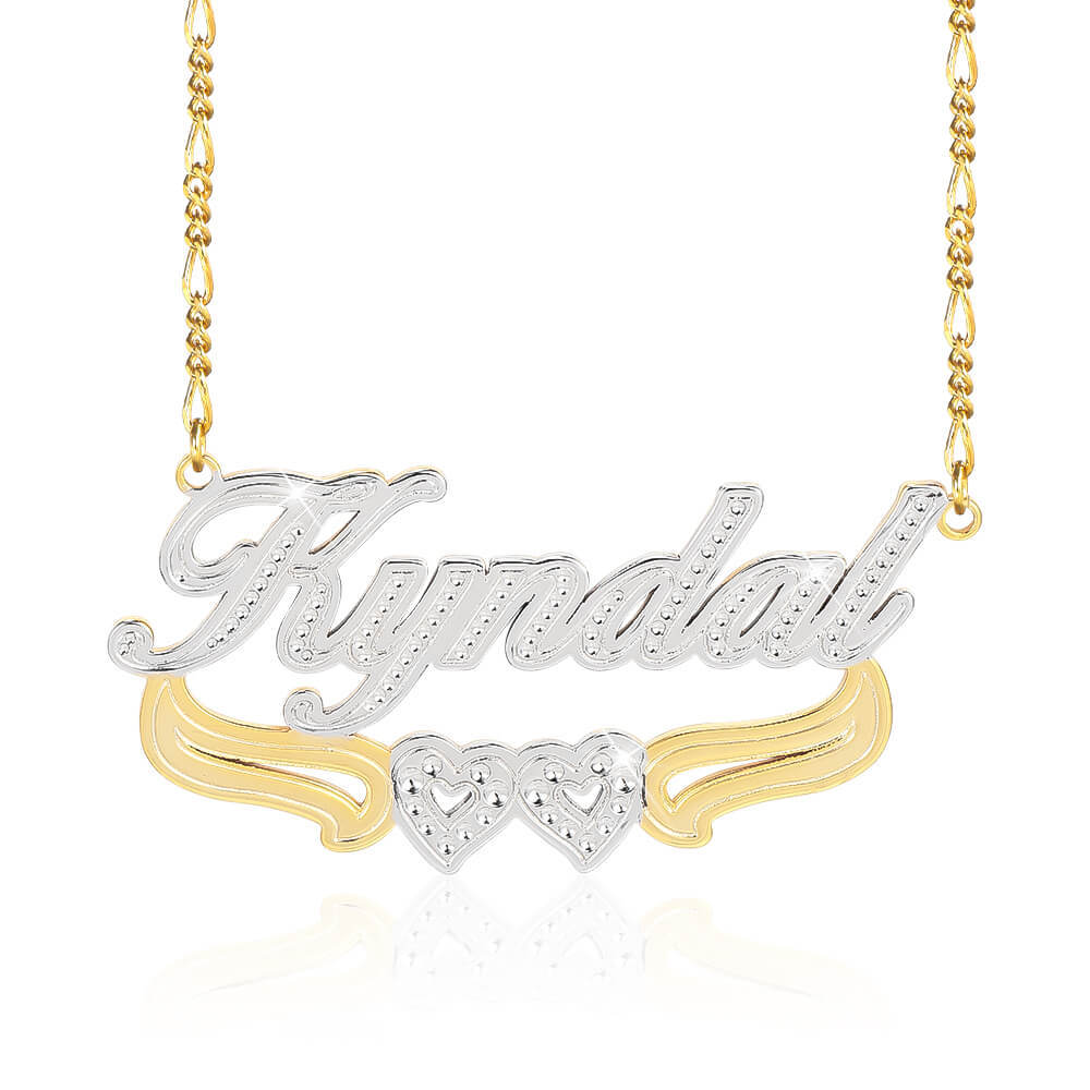 Gold Plated Personalized Two Tone Name Necklace with Double Heart-silviax