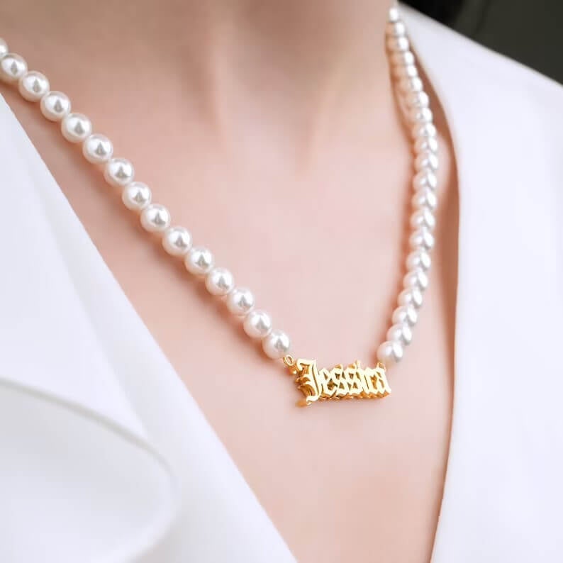 Double Layer Old English Font with Pearl Chain Personalized Custom Gold Plated Name Necklace-silviax