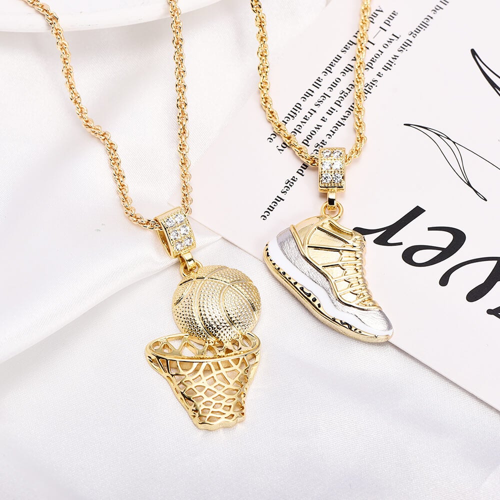 Hip Hop Retro Shoes Pendant & Basketball Basketball Hoop Pendant Gold Plated Necklace-silviax