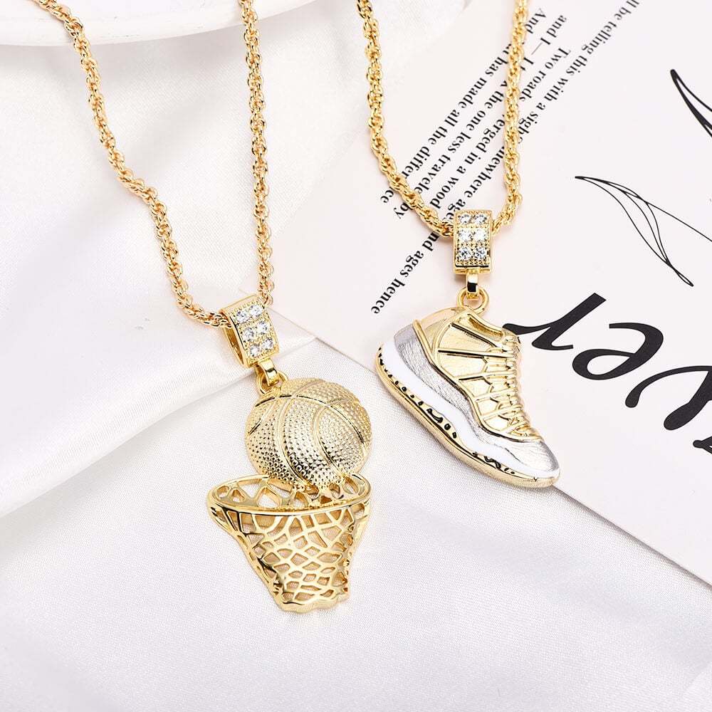 Hip Hop Retro Shoes Pendant & Basketball Basketball Hoop Pendant Gold Plated Necklace-silviax