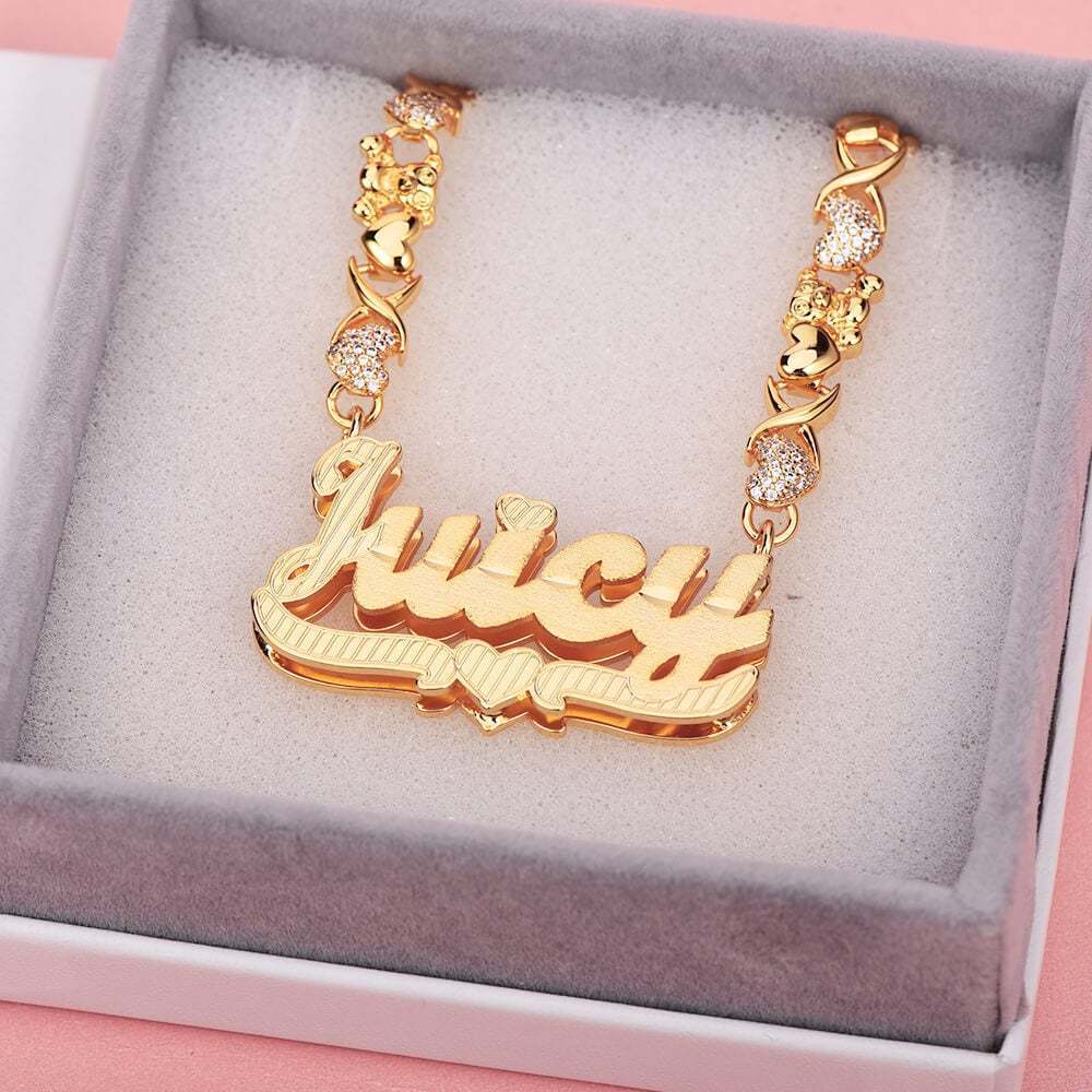 Custom Teddy XOXO Chain Double Layer Heart Name Necklace and Heart Name Bamboo Earrings Set-silviax