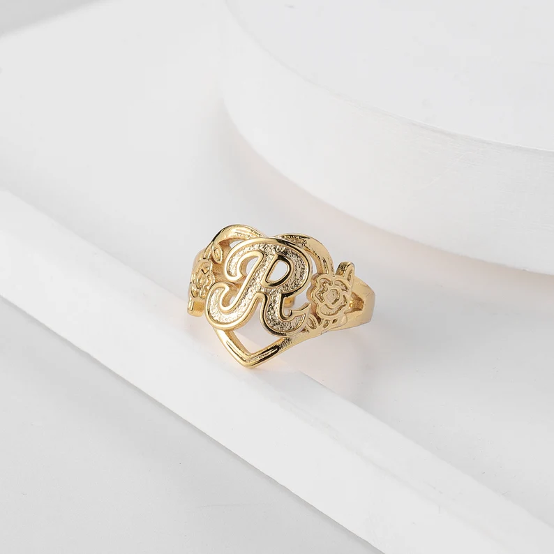 Personalized Custom Gold Plated Capital Letter Initial Heart Ring with Flowers-silviax