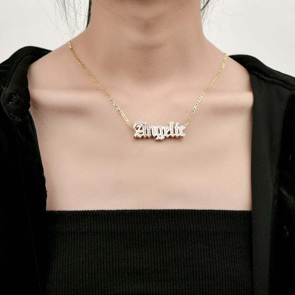 Double Layer Two Tone Old English Font Nameplate Personalized Custom Gold Plated Name Necklace-silviax