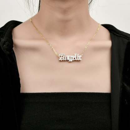 Double Layer Two Tone Old English Font Nameplate Personalized Custom Gold Plated Name Necklace-silviax
