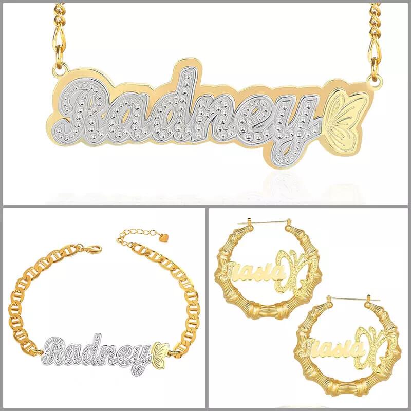 Two Tone Butterfly Personalized Custom Gold Plated Double Layer Name Necklace Bamboo Hoop Name Earrings and Name Bracelet Set