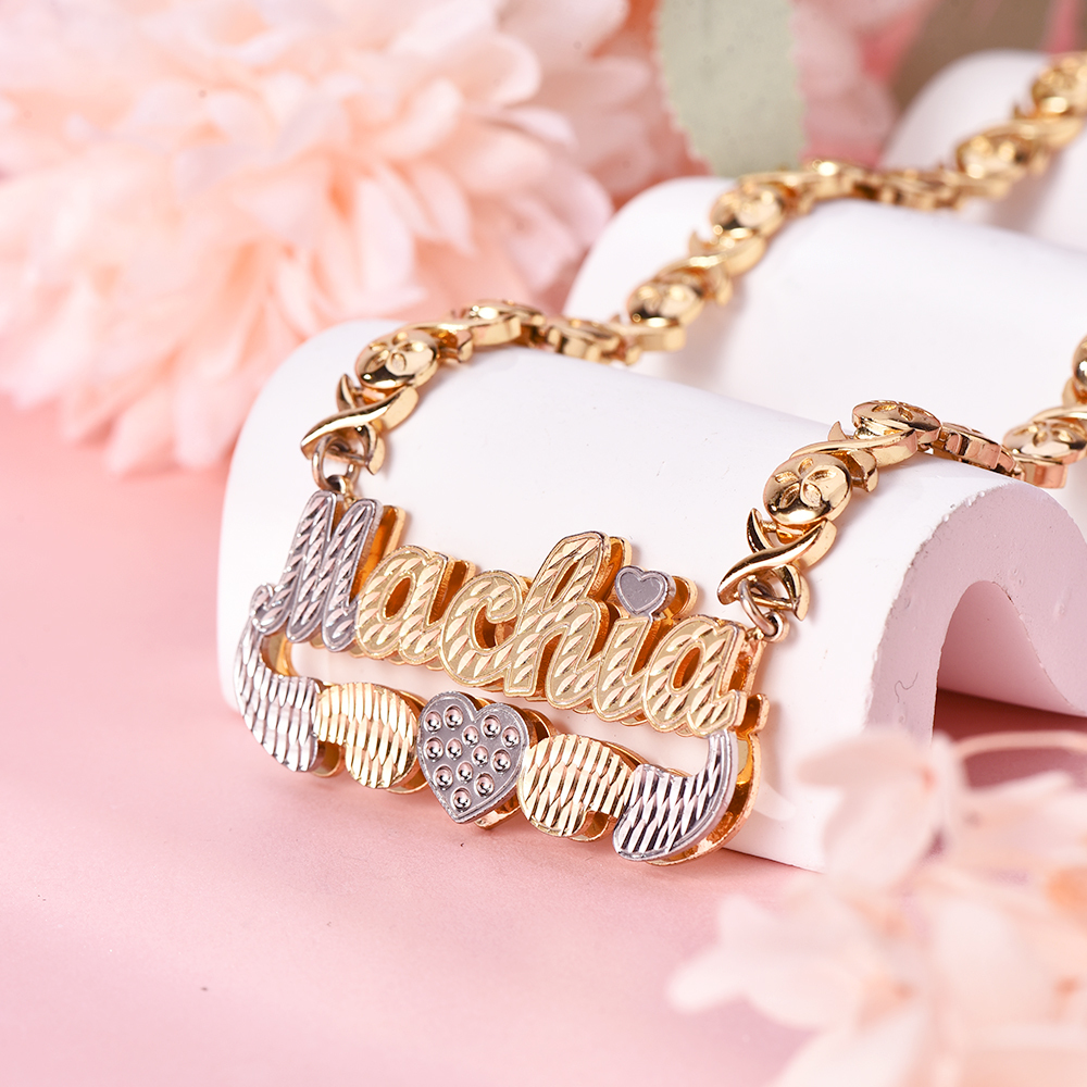 Double Layer Two Tone XOXO Chain with Heart Personalized Custom Gold Plated Name Necklace-silviax