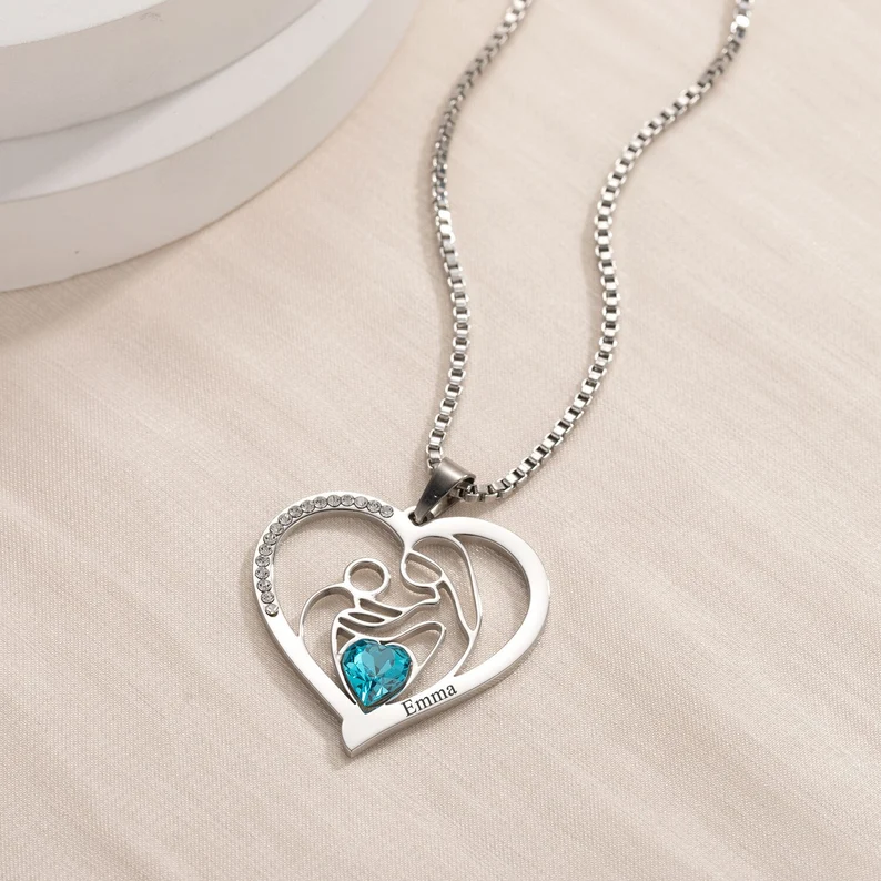 Custom Heart Necklace For Mom with Birthstone Box Chain Mother Gift-silviax