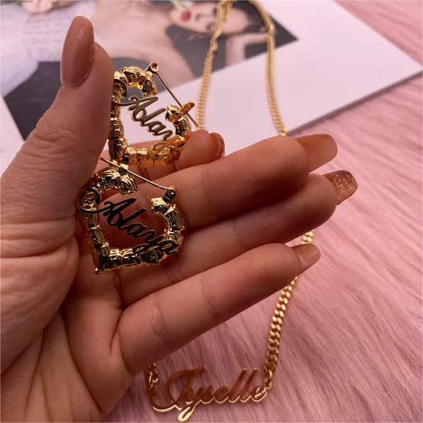Personalized Name Necklace and Heart Shaped Name Bamboo Earrings Set-silviax