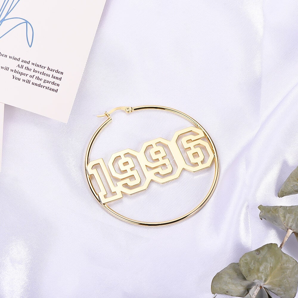 Hollow Number Year Nameplate Personalized Custom Gold Plated 60mm Hoop Earrings-silviax