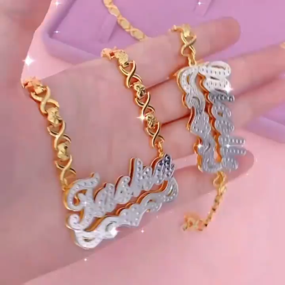 Double Layer Two Tone Nameplate with XOXO Heart Chain Personalized Custom Gold Plated Name Necklace Bracelet and Ring Set