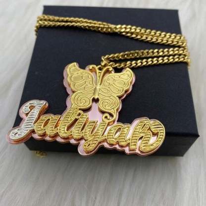 Double Plate Acrylic Two Tone Gold-plated Butterfly Personalized Custom Name Necklace-silviax