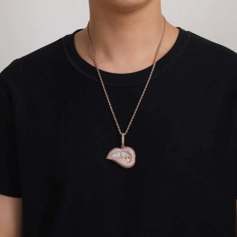 Hip Hop Style Iced Out Zirconia Bling Lip Kiss Pendant Necklace-silviax