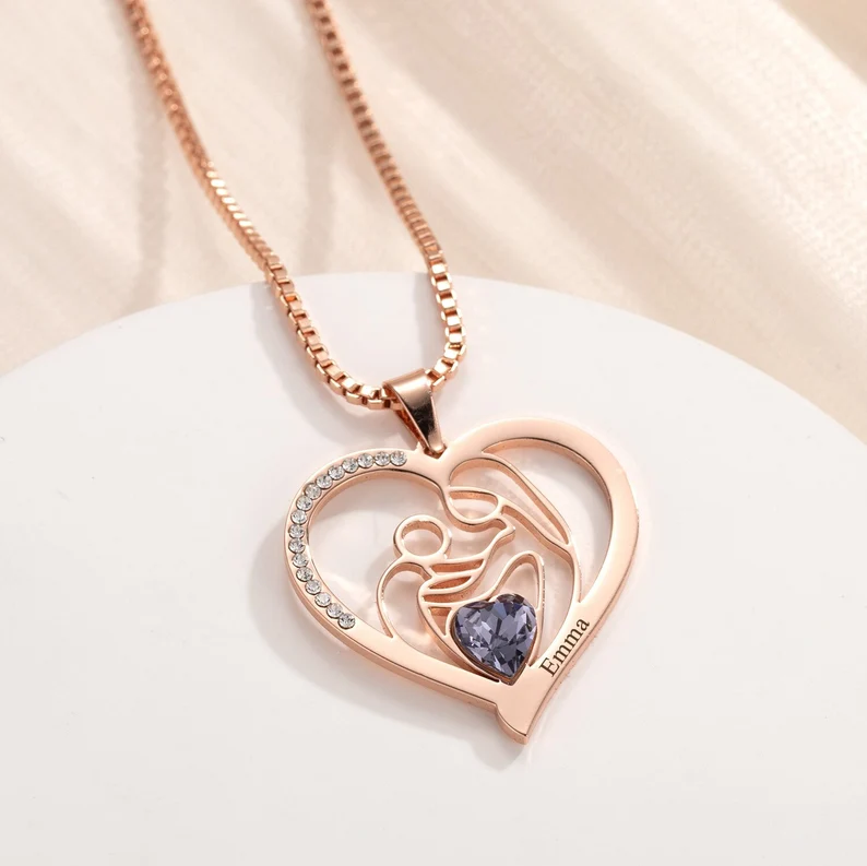 Custom Heart Necklace For Mom with Birthstone Box Chain Mother Gift-silviax