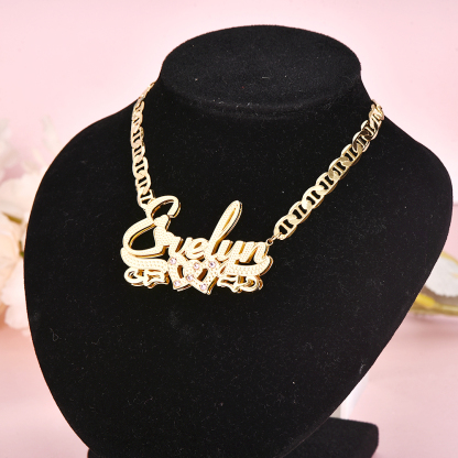 Double Layer Two Heart with Pink Zircon Personalized Custom 3D Name Necklace-silviax