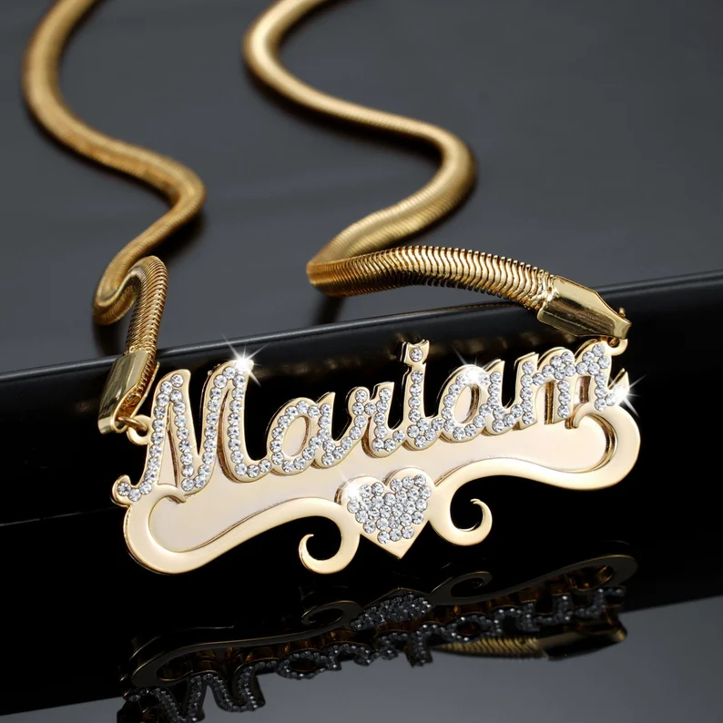 Sparkling Personalized Custom Zircon Heart Name Necklace Snake Chain-silviax