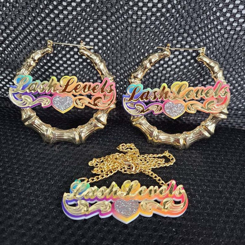 Personalized Colorful Acrylic Jewelry Set Custom Name Necklace Bamboo Earrings Set-silviax