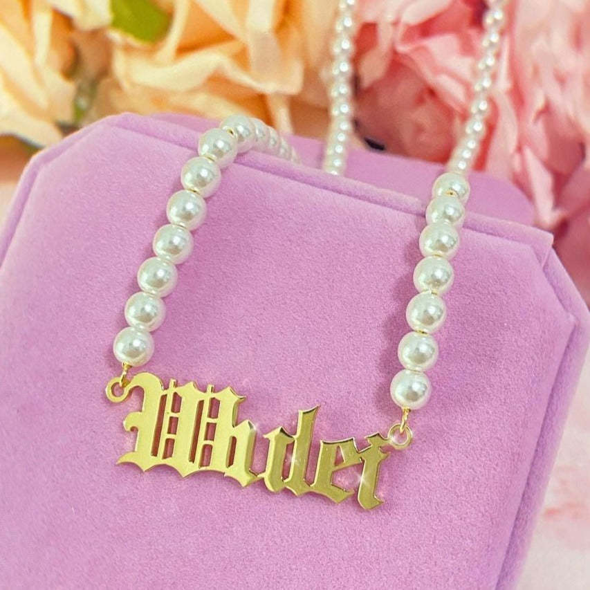 Old English Font with Pearl Chain Personalized Custom Gold Plated Name Necklace-silviax